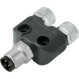 Twin distributor, male connector M12 x 1 – 2 female connectors M12 x 1, with fastening bores