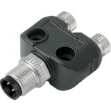 Twin distributor, male connector M12 x 1 – 2 female connectors M8 x 1, with fastening bores
