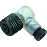 Female angled connector, plastic locking system, screw clamp connection, transparent housing